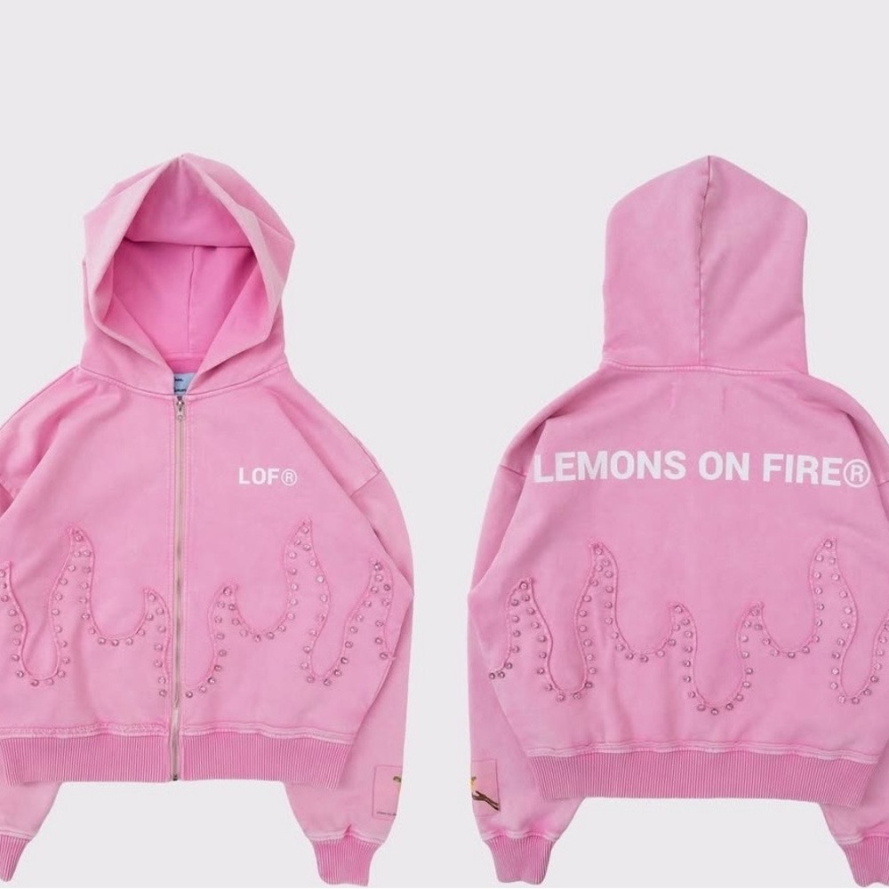 LOF Pink 'Lemons On Fire' Embellished Zip Hoodie